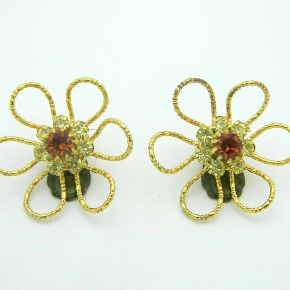 Topaz Citrine Orange Yellow Rhinestone Gold Tone